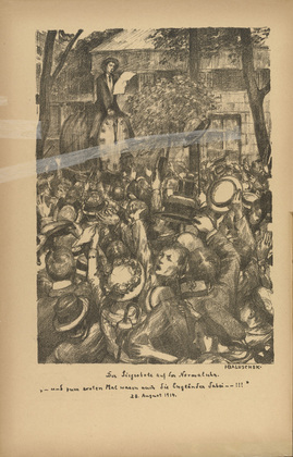 Hans Baluschek. Messenger of Victory on the Public Clock (Der Siegesbote auf der Normaluhr) (plate, p. 6) from the periodical Kriegszeit. Künstlerflugblätter, vol. 1, no. 2 (7 Sept 1914). 1914