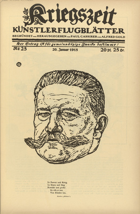 Erich Büttner. Portrait of Hindenburg (Porträt Hindenburg) (in-text plate, p. 91) from the periodical Kriegszeit. Künstlerflugblätter, vol. 1, no. 23 (20 Jan 1915). 1915