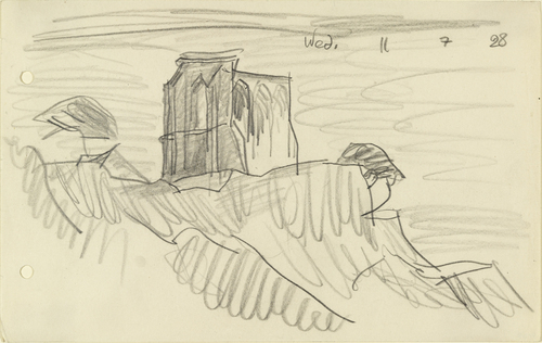Lyonel Feininger. Ruin on Cliff with Two Trees. 1928