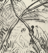 Otto Mueller. Three Figures and Crossed Tree Trunks (Drei Figuren und gekreuzte Stämme) (plate, folio 19) from the periodical Der Bildermann, vol. 1, no. 9 (Aug 1916). 1916