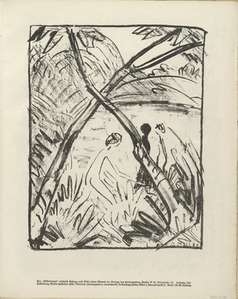Otto Mueller. Three Figures and Crossed Tree Trunks (Drei Figuren und gekreuzte Stämme) (plate, folio 19) from the periodical Der Bildermann, vol. 1, no. 9 (Aug 1916). 1916