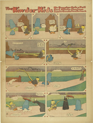 Lyonel Feininger. The Kin-der-Kids: Mr. Buggins Gets a Pull and Auntie Jimjam Swats Gussie One for Luck from The Chicago Sunday Tribune. (October 14) 1906