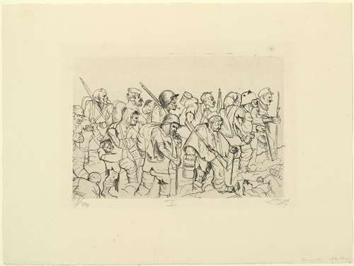 Otto Dix. Battle-Weary Troops Retreat (Battle of the Somme) [Abgekämpfte Truppe geht zurück (Sommeschlacht)] from The War (Der Krieg). (1924)