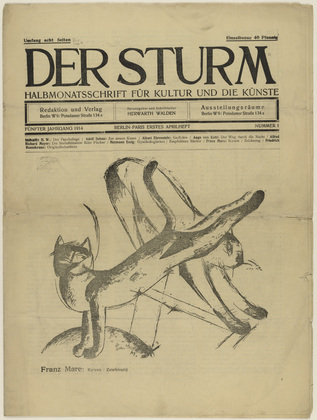 Franz Marc. Cats (Katzen) (in-text plate, title page) from the periodical Der Sturm. Wochenschrift für Kultur und Künste, vol. 5, no. 1 (Apr 1914). 1914