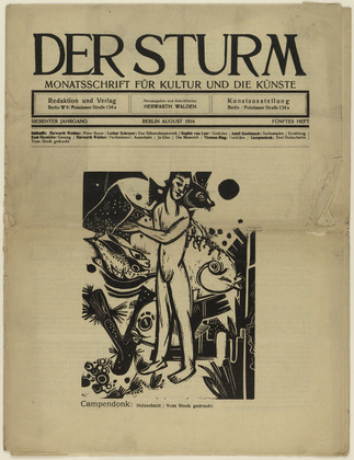Heinrich Campendonk. Nude Boy with Fish (Knabenakt mit Fischen) (in-text plate, title page) from the periodical Der Sturm. Wochenschrift für Kultur und Künste, vol. 7, no. 5 (Aug 1916). 1916