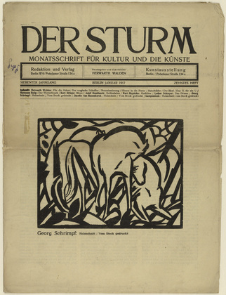 Georg Schrimpf. Three Horses (Drei Pferde) (in-text plate, title page) from the periodical Der Sturm. Wochenschrift für Kultur und Künste, vol. 7, no. 10 (Jan 1917). 1917