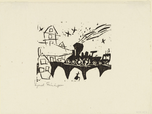 Lyonel Feininger. Locomotive on the Bridge (Zug auf der Brücke) from Ten Woodcuts by Lyonel Feininger. (1918, published 1941)
