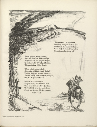 Josef Bato. Untitled, illustration to Wilhelm Hauff's poem "Dawn's Light" (Morgenrot, Morgenrot) (border, 6th song, folio 44) from the periodical Der Bildermann, supplement to vol. 1, no. 11 (Sep 1916). 1916
