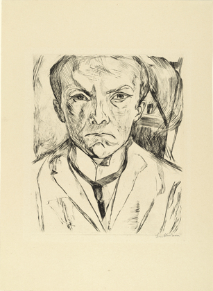 Max Beckmann. Frontal Self-Portrait with House Gable in Background (Selbstbildnis von vorn, im Hintergrund Hausgiebel). (1918, published c. 1922)