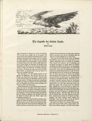 August Gaul. Untitled, illustration to Stefan Zweig's "The Legend of the Third Dove" (headpiece, folio 56) from the periodical Der Bildermann, supplement to vol. 1, no. 17 (Dec 1916). 1916