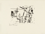 Lyonel Feininger. Men, Houses, Lantern, and Pushcart (Männer, Häuser, Laterne und Schiebkarren) from Ten Woodcuts by Lyonel Feininger. (1918, published 1941)