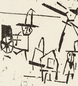 Lyonel Feininger. Men, Houses, Lantern, and Pushcart (Männer, Häuser, Laterne und Schiebkarren) from Ten Woodcuts by Lyonel Feininger. (1918, published 1941)