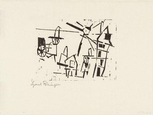 Lyonel Feininger. Men, Houses, Lantern, and Pushcart (Männer, Häuser, Laterne und Schiebkarren) from Ten Woodcuts by Lyonel Feininger. (1918, published 1941)