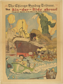 Lyonel Feininger. The Kin-der-Kids Abroad: Triumphant Departure of the Kids, in the Family Bathtub!! from The Chicago Sunday Tribune. May 6, 1906