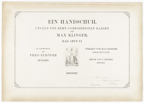 Max Klinger. Vignette (in-text plate, title page) from A Glove, Opus VI (Ein Handschuh, Opus VI). 1881