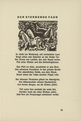 Ernst Ludwig Kirchner. The Dying Faun (Der sterbende Faun) (headpiece, page 35) from  Umbra vitae (Shadow of Life). 1924