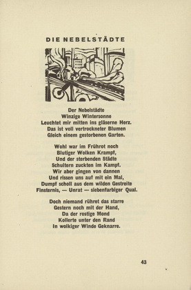 Ernst Ludwig Kirchner. The Misty Cities (Die Nebelstädte) (headpiece, page 43) from Umbra vitae (Shadow of Life). 1924