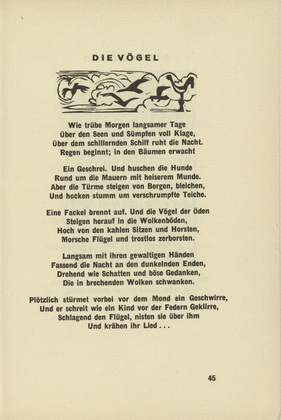 Ernst Ludwig Kirchner. The Birds (Die Vögel) (headpiece, page 45) from Umbra vitae (Shadow of Life). 1924