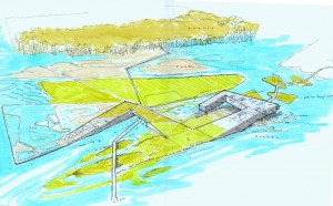 Sketch view of eco-hotel mingling with adjacent spa and existing botanical garden