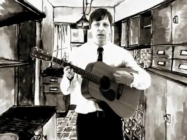 Still from the music video The Frankfurt Kitchen. 2008. Black and white, sound. 3:42 min. Music, words, paintings, and script by Robert Rotifer. Animation, camera, and production by Lelo Brossmann and Stefan Csaky (Shock & Awe Video Productions, Vienna). Courtesy Robert Rotifer and Lelo Brossmann