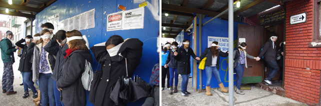 From left: teens put on blindfolds before entering the Flux Factory space; teens leading one another into the unknown