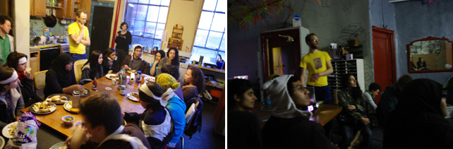 From left: Teens eating and discussing feelings; Viewing Flux Factory artwork and coming up with captions