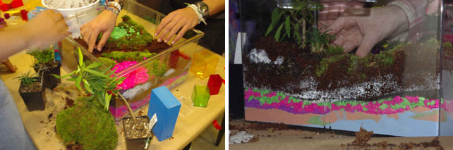 From left: Another view of the sculptures in progress; Seeing the layers can through the side of the container