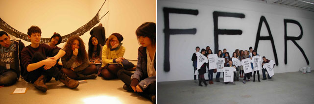 From left: Meditating on contemporary art in the MoMA galleries; At Rirkrit Tiravanija's Fear Eats The Soul exhibition