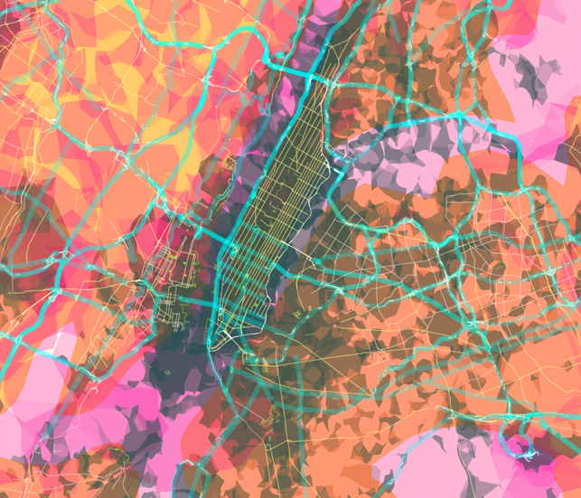 Aaron Straup Cope of Stamen Design. Prettymaps, Manhattan. 2010. Polymaps, Mapnik, and TileStache software.<br> Photo Credit: Stamen Design, base map data © OpenStreetMap, CC-BY-SA