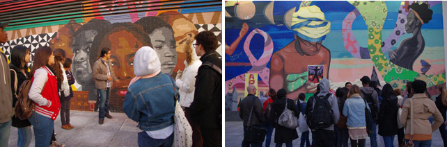 From left: Sergio Perez shows the Muralistas his work; Harlem's incredible breast cancer awareness mural