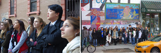 From left: MoMA Teens in awe of the public artwork; Class portrait in front of yet another amazing public mural