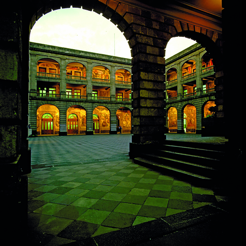 View of Rivera's mural cycle, completed in traditional fresco, at the Secretaría de Educación Pública (Ministry of Education) in Mexico City