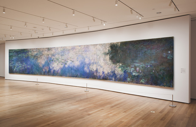 Installation view of Monet’s Water Lilies (1914-26) at MoMA. September 13, 2009 – April 12, 2012. Oil on canvas, three panels. Overall 6' 6 3/4" x 41' 10 3/8" (200 x 1276 cm). Mrs. Simon Guggenheim Fund. Photo by Thomas Griesel.