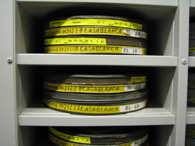 Cans in MoMA Celeste Bartos Film Preservation Center containing 35mm nitrate fine grain master of Casablanca