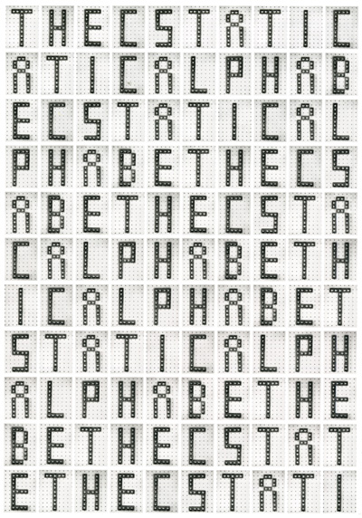 Dexter Sinister (David Reinfurt and Stuart Bailey). Ecstatic Alphabets/Heaps of Language. 2012. Exhibition catalogue (back cover), 224 pages plus insert, edited with Angie Keefer. With 13 "bulletins" by Andrew Blum, Pierre-André Boutang, Chris Evans, Angie Keefer, Bruno Latour, Louis Lüthi, Graham Meyer, Francis McKee, David Reinfurt, Dexter Sinister, Ian Svenonius, Benjamin Tiven, and Jessica Winter, and an essay by Laura Hoptman. Courtesy The Serving Library