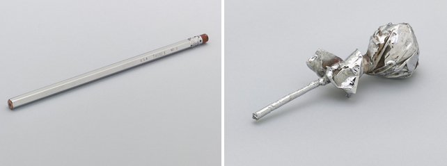 Left: Robert Watts. Chromed Pencil. c. 1962-63. Chrome plating over unidentified substrate with paint additions; Right: Chromed Lollipop. 1964. Chrome plating over unidentified substrate. The Museum of Modern Art, New York. The Gilbert and Lila Silverman Fluxus Collection Gift. © 2012 Estate of Robert Watts