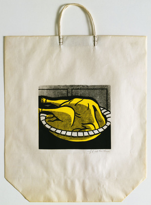 1964. Screenprint on shopping bag with handles, Composition: 7 1/2 x 9" (19.1 x 22.8 cm); sheet (irreg.): 19 5/16 x 16 15/16" (49 x 43 cm). Publisher: Bianchini Gallery, New York. Printer: Ben Birillo, New York. Edition: approx. 125. Gift of Jo Carole and Ronald S. Lauder. © Estate of Roy Lichtenstein 1964. Screenprint on shopping bag with handles, Composition: 7 1/2 x 9" (19.1 x 22.8 cm); sheet (irreg.): 19 5/16 x 16 15/16" (49 x 43 cm). Publisher: Bianchini Gallery, New York. Printer: Ben Birillo, New York. Edition: approx. 125. Gift of Jo Carole and Ronald S. Lauder. © Estate of Roy Lichtenstein