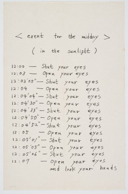 Mieko Shiomi. Event for the Midday (In the Sunlight). 1963. Event Score. Ink on paper, 4 9/16 x 7″ (11.5 x 17.8 cm)