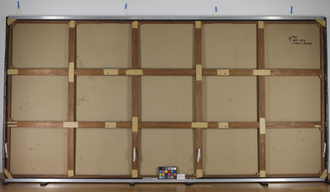 Before Treatment photograph of the reverse of One: Number 31, 1950 with the protective backing completely removed