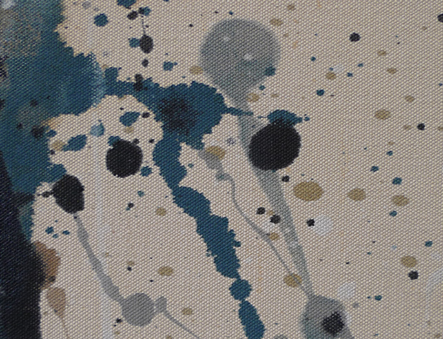 One, detail. Thin applications of paint were partially absorbed into the canvas fibers leaving a color that appears to stain the canvas rather than obliterate the canvas texture
