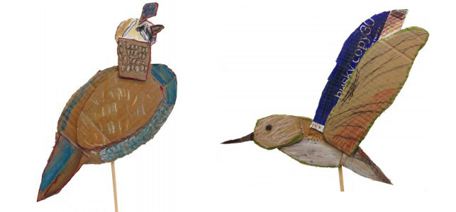 Cardboard bird sculptures created by fourth-grade students at Berkeley Carroll Lower School in Brooklyn; the assignment, titled “Turkeys and Other Odd Birds”, was inspired the work of artists Pablo Picasso and James Castle