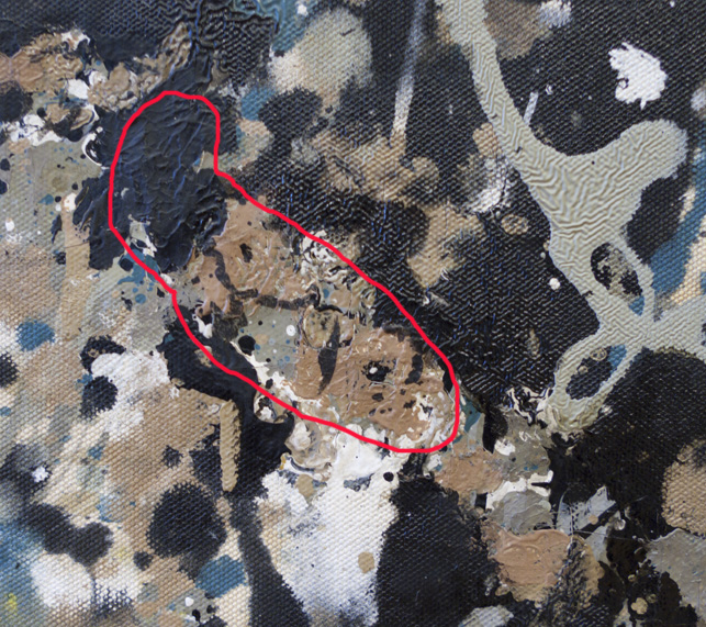 Areas inconsistent with Pollock’s painting technique are found scattered across the painting. These regions share similar qualities in their color, texture, and style of application