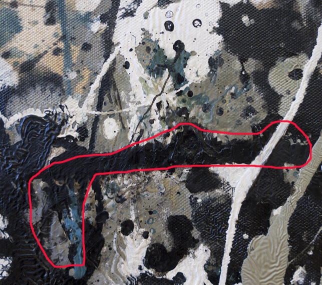 Areas inconsistent with Pollock’s painting technique are found scattered across the painting. These regions share similar qualities in their color, texture, and style of application
