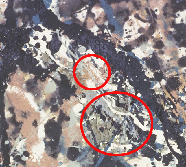 Notice the differences in the paint layer, circled in red, between the 1962 and 2013 images. The cracking observed in 1962 is no longer visible, and the composition, color and texture of the paint has changed