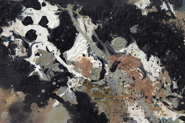This detail of the upper red circle seen in the image above shows clearly how paint covers and fills cracks in the underlying original paint. The cracks in the underlying paint developed over a period of years thus indicating that this overpaint postdates the original paint