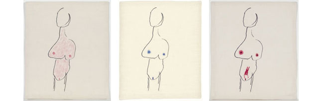 Louise Bourgeois. Untitled, no. 14 of 36, from the series, The Fragile. 2007. Digital prints with dye additions, sheet (each approx.): 11 1/2 x 9 1/2" (29.2 x 24.1 cm). Left: 5/7; center: A.P. 1/3; right: A.P. 3/3. © 2013 Louise Bourgeois Trust