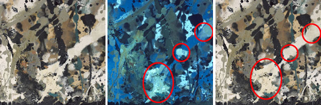 From left: Detail of a restored section of One as it appears in visible light (daylight); When viewed in ultraviolet illumination, however, each material displays a characteristic fluorescence; The white areas of paint circled in red are restoration paint. Notice the difference in fluorescence between the original and restoration whites