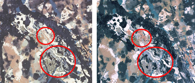 From left: Detail of One from 1962 showing an area of cracking prior to restoration; The identical spot, covered with restorer’s overpaint, as it appears in 2013