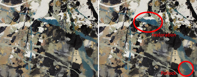 The blue overpaint can be differentiated from Pollock’s original through elemental analysis. Though the two paints appear to be the same color, the overpaint contains cobalt (suggesting cobalt blue pigment) and Pollock’s original does not