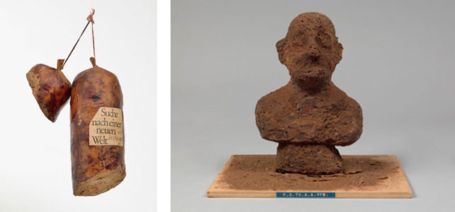 From left: Literature Sausage (Literaturwurst). 1969, published 1961–70. Artist’s book of ground copy of Halbzeit by Martin Walser, gelatin, lard, and spices in natural casing, 12 x 6 11/16 x 3 9/16″ (30.5 x 17 x 9 cm). Publisher and fabricator: the artist. Edition: artist’s proof before the edition of 50. The Museum of Modern Art, New York. The Print Associates Fund in honor of Deborah Wye;  P.O.TH.A.A.VFB (Portrait of the artist as a Vogelfutterbüste [birdseed bust]). 1968. Multiple of chocolate and birdseed, overall: 8 1/4 x 5 1/2 x 4 3/4″ (21 x 14 x 12 cm). Publisher: Hake Verlag, Cologne. Fabricator: Rudolf Rieser, Cologne. Edition: 30. The Museum of Modern Art, New York. Sue and Edgar Wachenheim III Endowment Fund and acquired through the generosity of Peter H. Friedland. Both works by Dieter Roth. © 2013 Estate of Dieter Roth. Photos by John Wronn
